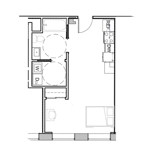 a floor plan of a small house with a bedroom and a bathroom